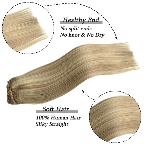 Savasana Clip in Hair Extensions Real Human Hair Light Blonde Highlighted Golden Blonde Full Head Long Straight Hair Extensions for Women 7PCS Thick Full End 80g Clip on Hair Extensions 12In #P16/22