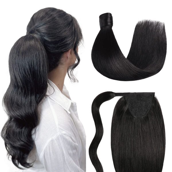 SUYYA Ponytail Human Hair Wrap Around Clip in Hair Piece Ponytail Extension Human Hair Straight Human Hair Ponytail Extensions with Magic Paste 80G 16 Inch #1B Natural Black