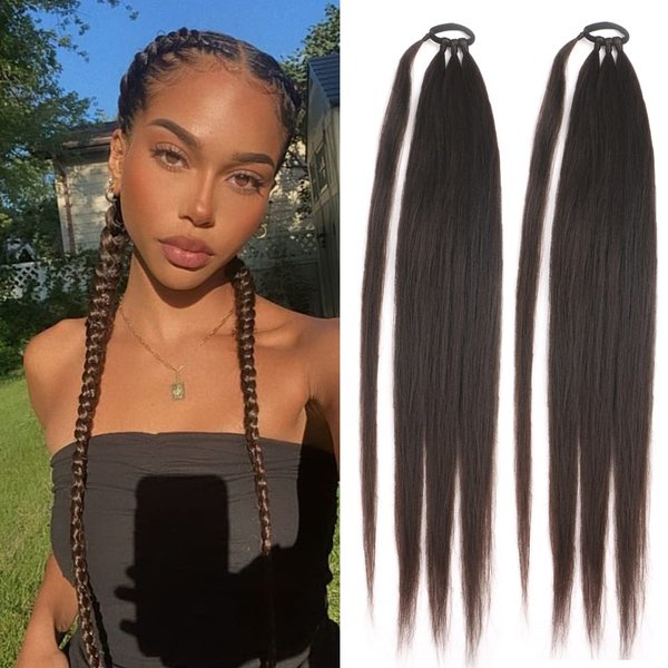 Ponytail Extensions 2 PCS Synthetic With Hair Tie Wrap Around Hair Braid Extensions Chignon Tail Rubber Band Hair Ring 26 Inch Ombre Braid DIY Brown Black
