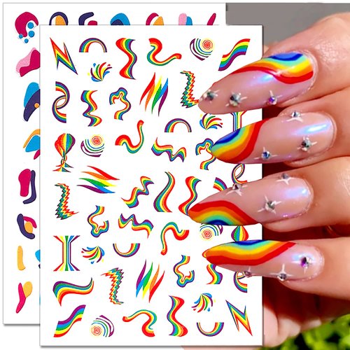 10 Sheets Rainbow French Nail Art Stickers Color Wave Line Design 3D Self-Adhesive Nail Decals Rainbow Graffiti Abstract Acrylic Nail Decoration for Women Girls