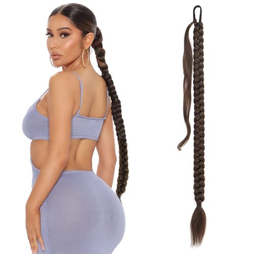 Long Braided Ponytail Extension For Black Women With Hair Tie Dark Brown Ponytail Hair Extension Straight Wrap Around Ponytail Extension Soft Synthetic Hair Piece 190gram(Dark Brown,Braided)