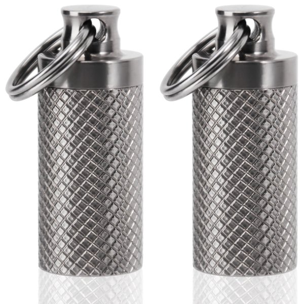 Keychain Pill Holder (2 Pack), Titanium Minsize Waterproof Pill Container/Case for Purse or Pocket, Portable Small Pill Box Organizer Pill Fob Medicine for Outdoor Travel Camping