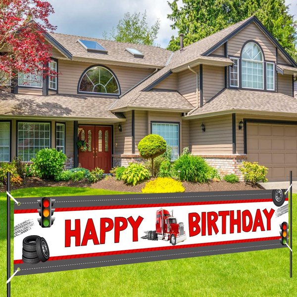 Jollyboom Truck Happy Birthday Banner, Construction Semi Truck Birthday Party Decorations Courtyard Banner for Boy Girl Transportation Semi Truck Birthday Decoration Courtyard Garden Yard Outdoor