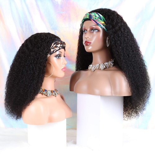 Curly Headband Wig Human Hair Wigs for Black Women - Brazilian Virgin Hair Kinky Curly Wig Headband - Glueless None Lace Front Wigs Human Hair 150% Density Natural Black (20 Inch)