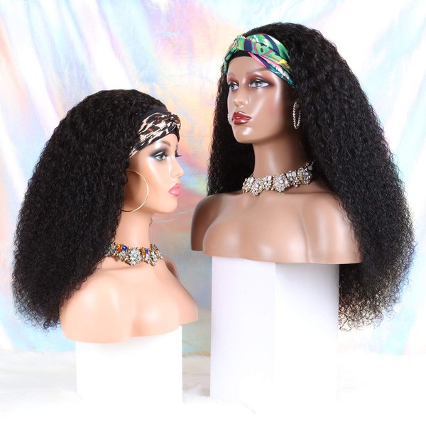 Curly Headband Wig Human Hair Wigs for Black Women - Brazilian Virgin Hair Kinky Curly Wig Headband - Glueless None Lace Front Wigs Human Hair 150% Density Natural Black (20 Inch)