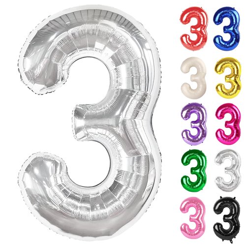 Silver Number 3 Balloon 40 Inch, 3 Balloon Number, 3rd Birthday Decorations, Silver Party Supplies for Boys Girls