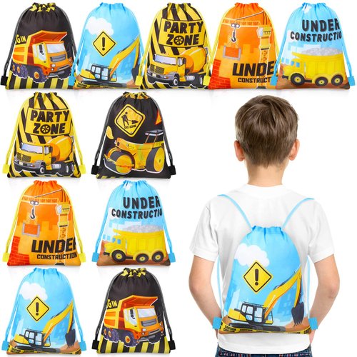 Photect 12 Pack Construction Party Favor Bags Construction Theme Drawstring Backpack Truck Gifts Bags Mini Engineering Car Class Reward Prizes for Kids Truck Car Birthday Party Supplies 10 x 12 Inch
