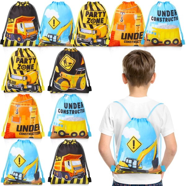 Photect 12 Pack Construction Party Favor Bags Construction Theme Drawstring Backpack Truck Gifts Bags Mini Engineering Car Class Reward Prizes for Kids Truck Car Birthday Party Supplies 10 x 12 Inch