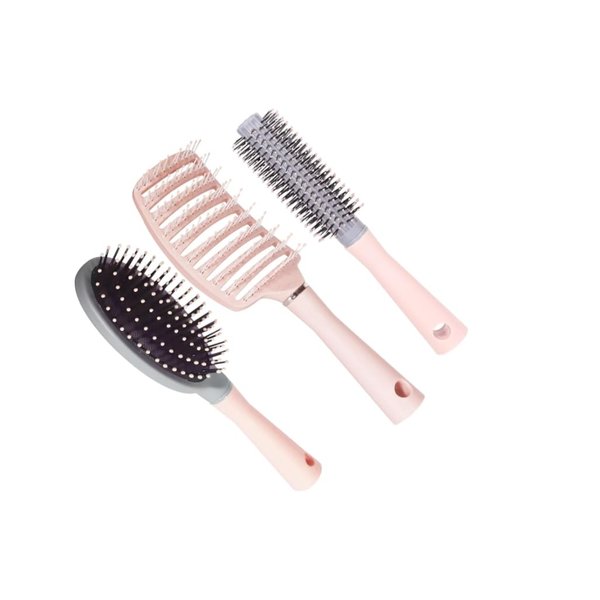 3 Piece Hair Brush Set, Wide-Tooth Comb, Travel Brush, Curved Vented Paddle Brush for Blow Drying, Pink