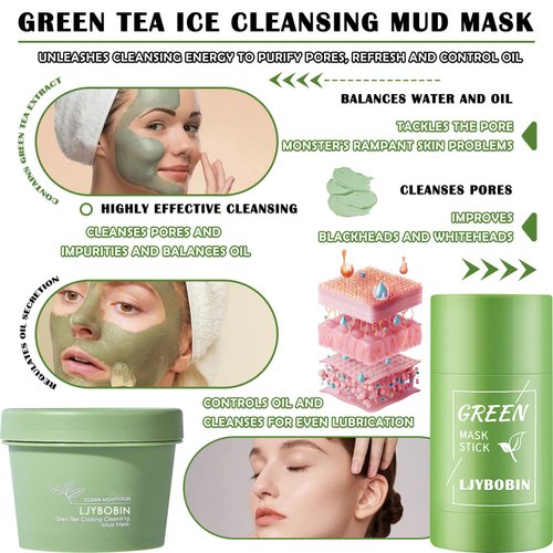LJYBoBin Green Tea Clay Face Mask + Green Tea Mask Stick Set,Moisturizing Oil Control Green Tea Mask for All Skin Types,Deep Cleansing Mask Stick(2 Pcs)