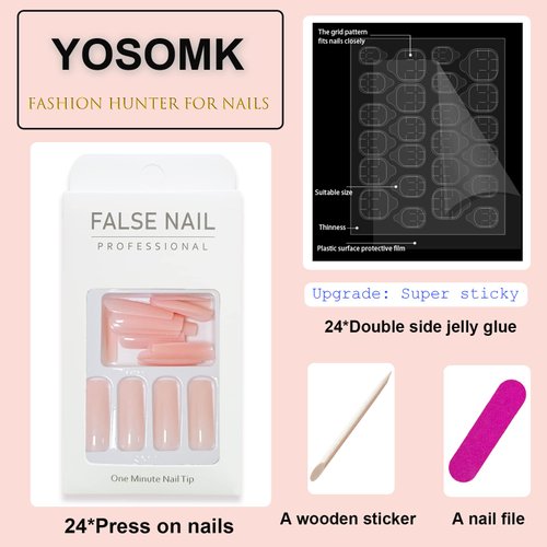 YOSOMK Square Press on Nails Long Pink Fake Nails Press On Acrylic False Nails for Women Stick on Nails With Glue on Static nails