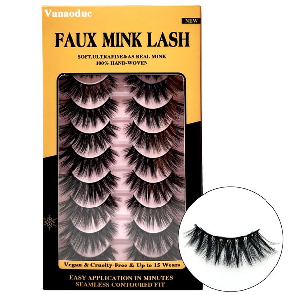 VANAODUC Eyelashes False Lashes Natural Look 15-18MM, Faux Mink Lashes 5D Fluffy Cat Eye Lashes Full Volume Fake Lashes Pack, 10 Pairs,Lightweight & Comfortable, Reusable, Cruelty-Free