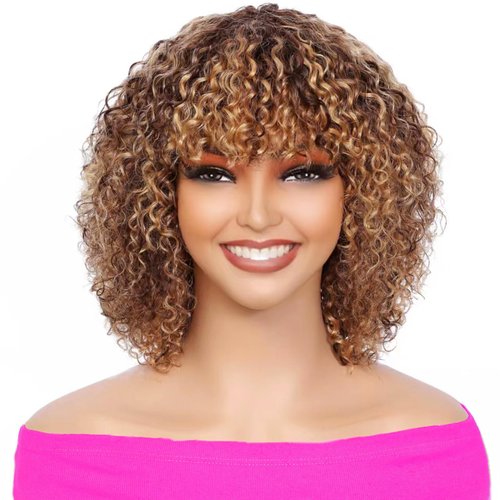 LYOLKSER wigs human hair 200 density short curly human hair wig with bangs 100% human hair no lace human hair wigs for women 12 inch highlight P4/27,for mom,for birthday,for travel.