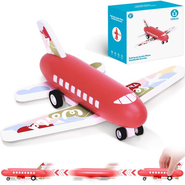 Udeas Wooden Airplane Toys for Toddlers, Kids Pull Back Model Airplane Toys, Birthday Gifts Toy Plane for Boys Girls 3 4 5 6 7 8 Years Old (Red)