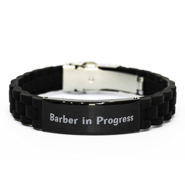 Joke Barber Gifts, Barber in Progress, Special Black Glidelock Clasp Bracelet for Coworkers from Colleagues, Barber Shop, Barber Supplies, Barber Equipment, Barber Scissors, Razors, Shaving Cream,
