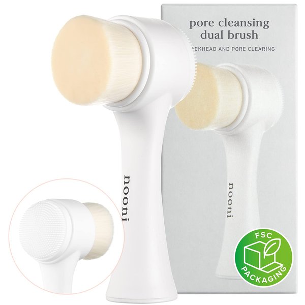 Nooni Pore Cleansing Tool - Manual Dual Brush | Facial Massager and Exfoliator, Soft Bristle & Silicone Brush, 1 Count