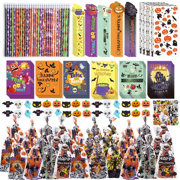 200PCS Halloween Party Favors for Kids Stationery Set, 30 PACK Assorted Halloween Goodie Bag Fillers, Bulk Halloween Treats Bags for Trick or Treat Pencils Erasers Rulers