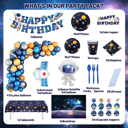 182PCS Outer Space Birthday Party Supplies, Space Themed Party Decorations Include Banner, Balloons, Backdrop, Hanging Swirls, Tablecloth, Cup, Plates, Cake Toppers for Kids Birthday Decorations