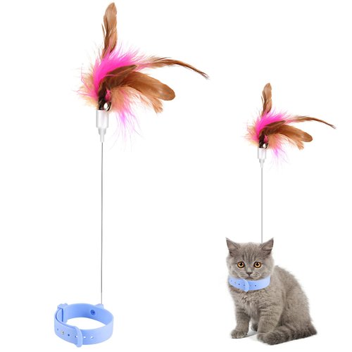 Cat Teasing Wand, Cat Teaser Wand Toy Silicone Adjustable Cat Feather Collar Toys with Bell Cat Interactive Teaser Toys for Indoor Cat Kittens Playing Exercise (Blue)