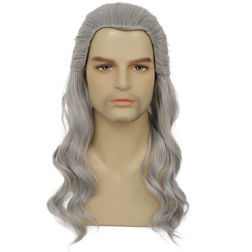 Tseses Long Grey Curly Men Wigs Wavy Synthetic Wig 70s 80s Natural Rocker Mullet Party Funny Wig Costume Wig