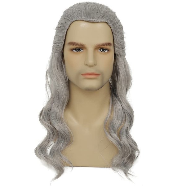 Tseses Long Grey Curly Men Wigs Wavy Synthetic Wig 70s 80s Natural Rocker Mullet Party Funny Wig Costume Wig