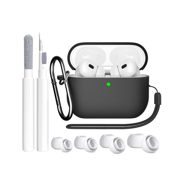 SUPFINE Compatible with AirPods Pro 2nd Generation Case(2023/2022/2019), Soft Silicone Protection AirPod Pro Case Cover(USB-C/Lightning Cable) with Cleaner kit&EarTips, Front LED Visible-Light,Black