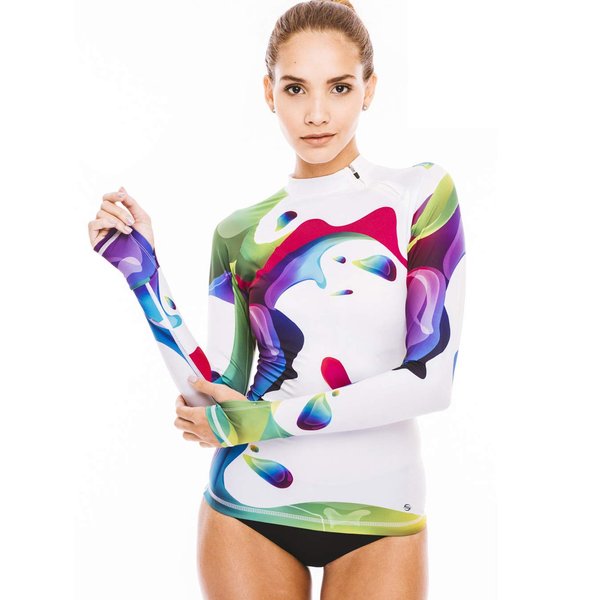 Women's UPF 50+ Long Sleeve Rash Guard for Women Swim Shirts, Tight-Fit Quick Dry Water Sun Shirts Zipper Rashguard Surf Swim Top (Rainbow 50, L)