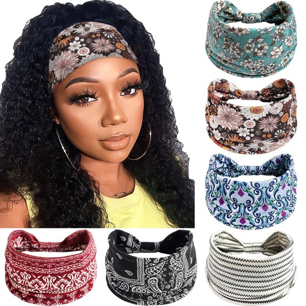 SAWINDA 6 Pack Boho Headbands for Women Fashion Wide Hair Bands Stretchy Knotted Non-Slip Head Bands for Women's Hair African Print Womens Headbands Yoga Workout Head Wraps Accessories