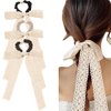 3Pcs Beige Lace Hair Scarf with Ribbon Bow Scrunchies for Women Girls, Pearl Bow Scrunchies for Hair, Ribbon Hair Ties with Bow, Chiffon Hair Ribbon Long Hair Bands Ties Ponytail Holder (Beige)