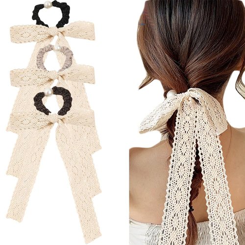 3Pcs Beige Lace Hair Scarf with Ribbon Bow Scrunchies for Women Girls, Pearl Bow Scrunchies for Hair, Ribbon Hair Ties with Bow, Chiffon Hair Ribbon Long Hair Bands Ties Ponytail Holder (Beige)