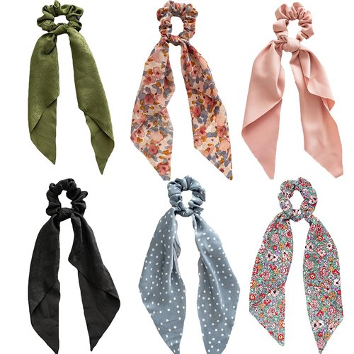Black Beige Hair Scarf with Ribbon Bow Scrunchies for Women Girls, Bow Scrunchies for Hair, Ribbon Hair Ties with Bow, Chiffon Hair Ribbon Long Hair Bands Ties Ponytail Holder (Satin Floral - 6Pcs)