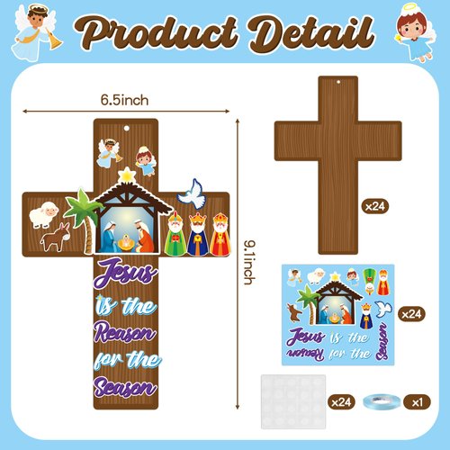WATINC 24Pcs Christmas Nativity Scene Cross Craft Kit for Kids, Make Your Own Jesus is The Reason for The Season Hanging Ornaments, Jesus Birth Faith Trust Love Sunday School Church Party Decor
