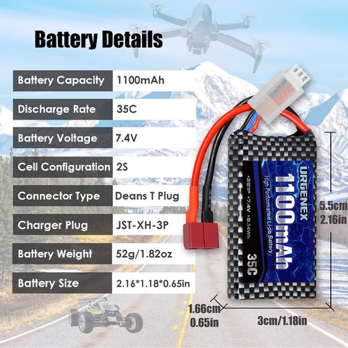URGENEX Lipo Battery 7.4V 1100mAh RC Battery with Deans T Plug 35C High Discharge Rate 2S Lipo Battery Compatible with HBX, BEZGAR and Most 1/10, 1/12, 1/16, 1/18 Scale RC Car Truck Truggy
