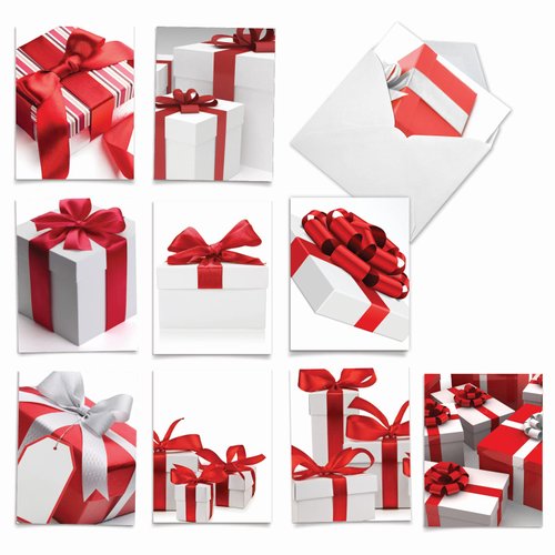 The Best Card Company - 10 Merry Christmas Cards Bulk - Festive Holiday Patterns, Boxed Card Assortment (4 x 5.12 Inch) - Season's Surprises M6048