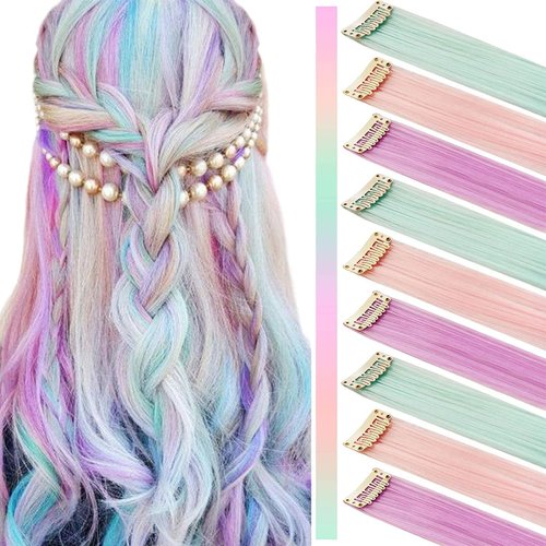 IAMERUI Multi-colors Party Highlights Straight Hair Colorful Clip in Synthetic Hair Extensions in Multiple Colors Heat Resistant Long Hairpiece 9PCS (Light pink Light purple Light green)