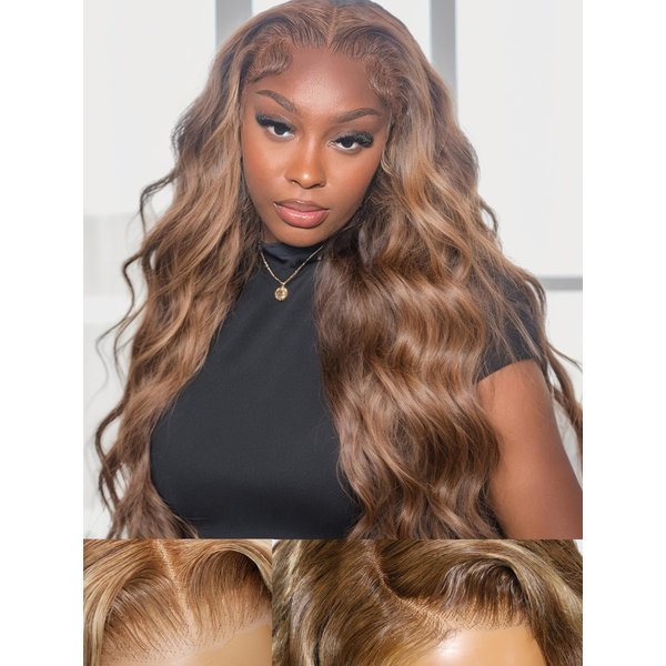 Sunber Bye Bye Knots Glueless Wig Body Wave 7x5 Lace Front Wigs Invisible Knots Lace Front Wigs Human Hair Honey Blonde Highlight Pre Everything Wig Pre Plucked Pre Cut Highlight Piano Blonde 20Inch
