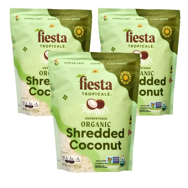 Fiesta Tropicalé Unsweetened Shredded Coconut, 24oz Gluten Free Dried Coconut Flakes, Coco Shreds With No Added Sugar, Rich in MCT, Diabetic-Friendly, Great for Vegan or Keto Recipes, 8oz, 3 Pack