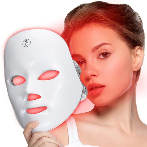 Suerbeaty Red Blue Light Mask for Face, 7-1 Colors Red Light Face Mask, Facial Mask Skincare At Home, Cordless, Portable and Rechargeable, White