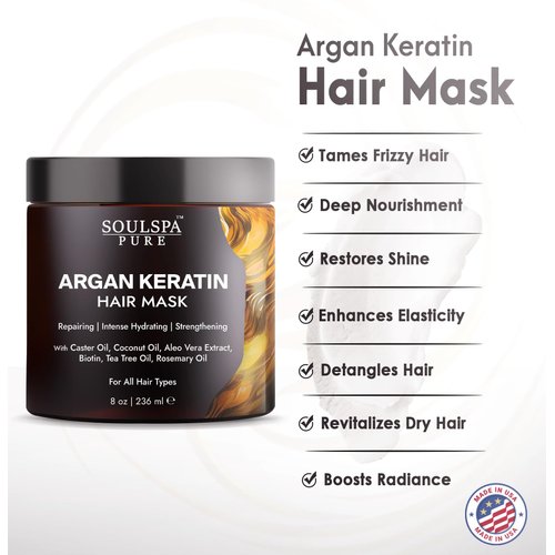 SOULSPA PURE Argan Oil Hair Mask with Keratin - Strengthen, Hydrate, and Repair Dry, Damaged Hair - Enriched with Biotin, Tea Tree Oil & Rosemary Oil - All Hair Types - for Men and Women- 8.45 fl oz