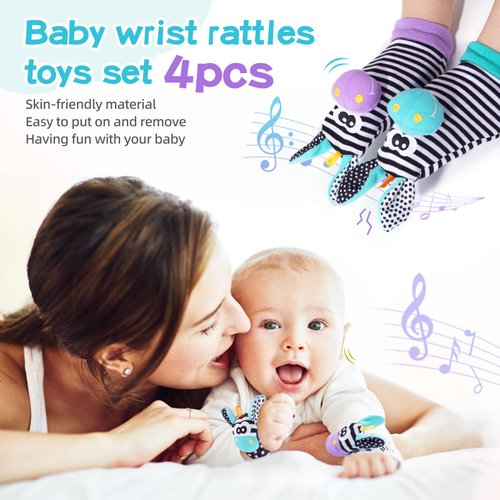 PHEZAPA Baby Wrist Rattles Foot Finder Socks Set, Infant Rattle Socks and Baby Hand rattles Wrist, Newborn Soft Sensory Toys,Infant Wrist Rattles for Babies 0-6 Months,Baby Gifts 6-12 Months（Purple）