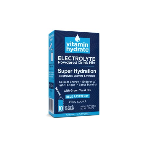 Vitamin Hydrate Electrolyte Powdered Drink Mix, Super Hydration, Boost Stamina & Fight Fatigue, Bursting with Electrolytes, Vitamins & Minerals, 0 Sugar, Blue Raspberry, 10 Stick Packs