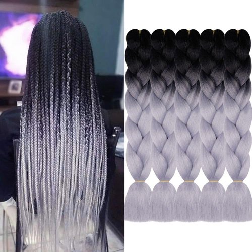 AIDUSA Ombre Braiding Hair Gray Jumbo Braiding Hair Extensions 5pcs Synthetic Braids 24 Inch 2 Tones Gray Hair for Box Braids Crochet Braids 100g (#28 Black to Grey)