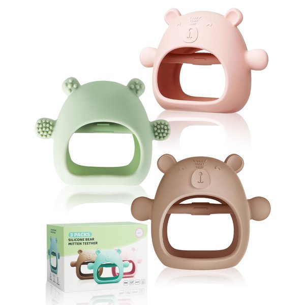 3 Packs Baby Teether,Food Grade Silicone Bear Baby Teething Mittens for Sucking Needs Sensory Exploration, BPA Free