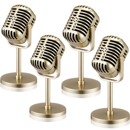 Zubebe 4 Pcs Microphone Props Retro Vintage Plastic Microphone Fake Microphone Pretend Mic Centerpiece for Cosplay Podcast Event Rock and Roll Hip Hop Music Party Decorations(Gold)