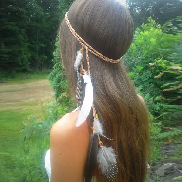 GORTIN Boho Feather Headband Brown Indian Peacock Feather Headbands Gypsy Hippie Headband Headwear Festival Party Headpiece for Women (Type B)