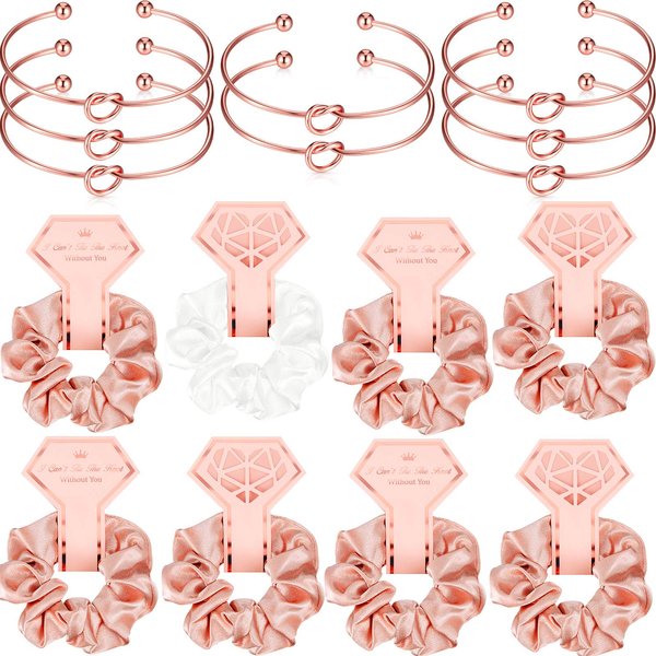 8 Pieces Satin Hair Scrunchies Bridal Shower Scrunchy Hairbands Bachelorette and 8 Pieces Bridesmaid Bracelets with I Can't Tie The Knot Without You Bridesmaid Cards (Rose Gold, White)