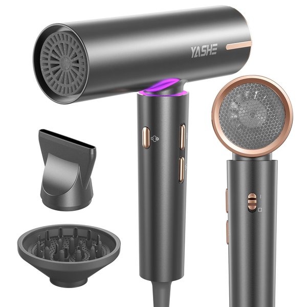 YASHE Hair Dryer with Diffuser, 1400W High-Speed Brushless Motor, 110,000 RPM Fast Drying of All Hair Types, Thermo-Control Negative Ionic Blow Dryer, 4 Temps & 3 Speeds, Lightweight for Home Travel