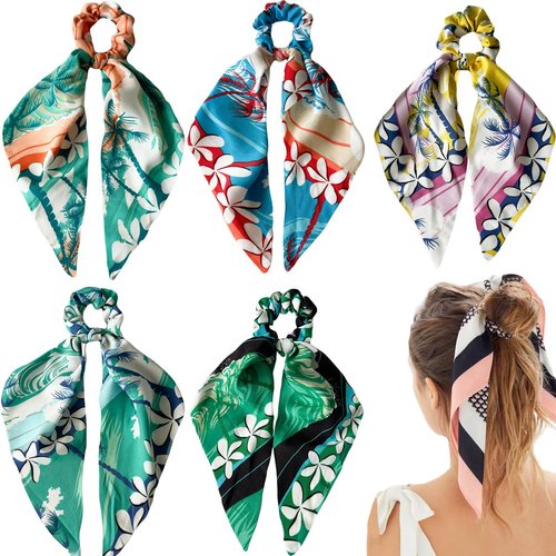 Fashion Flower Hair Scarf with Ribbon Bow Scrunchies for Women Girls, Bow Scrunchies for Hair, Ribbon Hair Ties with Bow, Chiffon Hair Ribbon Long Hair Bands Ties Ponytail Holder (5PCS coconut trees)