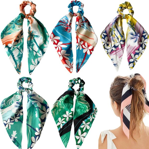 Fashion Flower Hair Scarf with Ribbon Bow Scrunchies for Women Girls, Bow Scrunchies for Hair, Ribbon Hair Ties with Bow, Chiffon Hair Ribbon Long Hair Bands Ties Ponytail Holder (5PCS coconut trees)