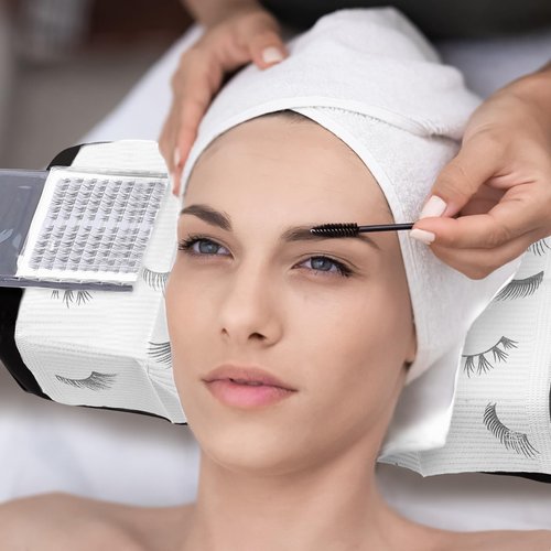 PRASNE Lashing Dental Bibs Disposable Pack of 50, Lash Pillow Cover of Lash Supplies, White 3-Ply Paper Poly Waterproof Towels, 13” x 18”, Black Eyelash Printed